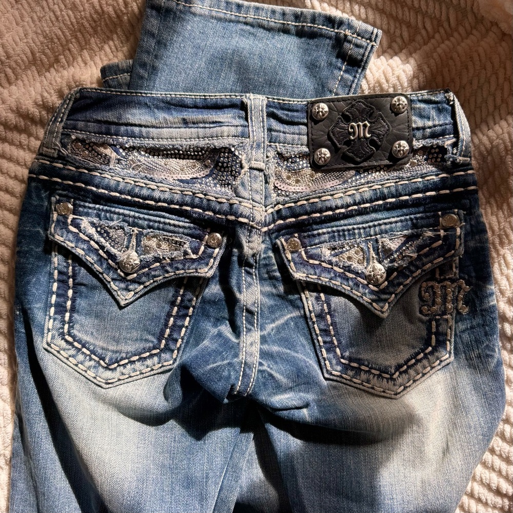 Miss Me Y2K Bootcut Jean Bling Embellished Distressed Silver Studs Size 24